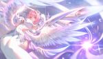  1girl arm_up armpits bare_shoulders blush breasts building city cleavage commentary detached_sleeves dress emmonium_chloride english_commentary feathered_wings foot_out_of_frame from_above hair_intakes hair_ornament highres holding holding_sword holding_weapon large_breasts long_sleeves looking_at_viewer lying making-of_available mechanical_wings medium_hair multiple_wings pink_eyes pink_hair purple_eyes remielle_dan short_dress smile solo sword thighhighs weapon white_dress white_sleeves white_thighhighs white_wings wings zenless_zone_zero 