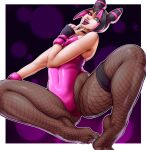 1girl absurdres alternate_costume black_choker black_hair blue_eyes blue_nails choker commentary croissama english_commentary fishnet_pantyhose fishnets hair_horns han_juri heterochromia highres leotard multicolored_hair open_mouth pantyhose pink_eyes pink_leotard pink_streaks purple_lips solo strapless strapless_leotard streaked_hair street_fighter 
