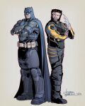  2boys bat_mask batman batman_(series) batman_symbol belt blue_bodysuit bodysuit claw_(weapon) dc_comics grey_bodysuit highres luisbajocollados male_focus marvel multicolored_bodysuit multicolored_suit multiple_boys spiked_hair superhero_costume taut_bodysuit taut_clothes two-tone_bodysuit two-tone_suit utility_belt weapon wolverine_(x-men) x-men yellow_bodysuit 