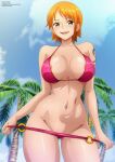  1girl areola_slip artist_name ass_visible_through_thighs bare_arms bare_shoulders bikini bikini_bottom_pull blue_sky breasts brown_eyes character_name cleavage clothes_pull cloud cloudy_sky collarbone commission copyright_name covered_nipples cowboy_shot english_commentary halterneck highres large_breasts looking_at_viewer nami_(one_piece) navel o-ring o-ring_bikini o-ring_bottom one_piece open_mouth orange_hair outdoors palm_tree pink_bikini shiny_skin short_hair shoulder_tattoo sky solo stomach swimsuit tattoo teeth thighs tree upper_teeth_only zel-sama 