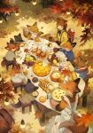  1boy 2girls 6+others alcohol animal_ears apron autumn autumn_leaves barrel blue_bow blue_bowtie bow bowtie braid bread brown_hair candle chicken_(food) chicken_leg commentary_request cup food fox fox_ears fox_girl fox_tail fruit fruit_basket furry furry_female furry_male grapes green_scarf highres leaf long_sleeves low_twin_braids maple_leaf monocle multiple_girls multiple_others original outdoors oven_mitts picnic pie pumpkin scarf shirt sitting soup stool string_of_light_bulbs suspenders sweet_potato table tablecloth tail twin_braids uliy wine yellow_shirt 