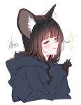 1girl 1other animal_ear_fluff animal_ears black_cat black_hair black_jacket blunt_bangs blush blush_stickers cat cat_ears cat_girl closed_eyes closed_mouth commentary_request cropped_torso facing_to_the_side jacket kuro_(uchi_no_kuroneko_onnanoko) long_hair mame_(uchi_no_kuroneko_onnanoko) megateru signature simple_background single_blush_sticker solo_focus uchi_no_kuroneko_onnanoko upper_body white_background 