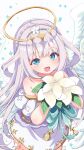  1girl :d absurdres angel angel_wings bare_shoulders blue_eyes blunt_bangs blush commentary_request commission cowboy_shot dot_nose dress feathered_wings flower grey_hair halo highres holding holding_flower long_hair looking_at_viewer maimai_(game) off-shoulder_dress off_shoulder open_mouth shiro9jira short_sleeves simple_background skeb_commission smile solo white_background white_dress white_flower white_wings wings yurisaki_mika_(maimai) 