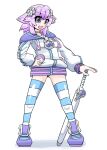 1girl breasts choker d-pad d-pad_hair_ornament drawstring emblem hair_ornament highres hood hoodie nepnepdaitsuki neptune_(neptunia) neptune_(series) open_mouth panties purple_eyes purple_hair short_hair sidelocks simple_background small_breasts smile socks solo striped_clothes striped_panties striped_socks striped_thighhighs thighhighs underwear usb weapon white_background white_choker 