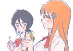  2girls black_hair bleach blush_stickers bow bowtie breasts closed_mouth commentary drink_carton drinking_straw eating food food_in_mouth food_on_face hair_between_eyes hair_ornament hairclip highres holding holding_drink_carton holding_food holding_juice_box holding_sandwich inoue_orihime juice_box karakura_high_school_uniform kuchiki_rukia large_breasts long_hair looking_at_another medium_hair multiple_girls orange_hair purple_eyes red_bow red_bowtie sandwich school_uniform small_breasts techimi upper_body white_background 
