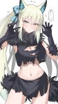  1girl absurdres animal_ears black_gloves black_shirt black_skirt blue_archive blue_eyes blush bow breasts cleavage commentary cosplay cropped_shirt elbow_gloves fate/grand_order fate_(series) fur-trimmed_gloves fur_collar fur_scarf fur_trim gloves grey_hair hair_bow half-closed_eyes highres kazusa_(blue_archive) kazusa_(blue_archive)_(cosplay) kazusa_(halloween)_(blue_archive) large_breasts long_hair looking_at_viewer midriff miniskirt morgan_le_fay_(fate) navel ponytail shirt sidelocks skirt sleeveless sleeveless_shirt solo tail thighs untranslatable_commentary very_long_hair wolf_ears wolf_tail yuzu_sanma 