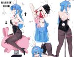  1girl absurdres animal_hood bare_shoulders black_leotard black_pantyhose blue_eyes blue_hair breasts commentary detached_collar english_commentary highres hololive hood hoshimachi_suisei leotard long_hair medium_breasts multiple_views pantyhose playboy_bunny rabbit_hole_(vocaloid) rabbit_hood sitting thigh_strap thighband_pantyhose upside-down very_long_hair virgo76612871 virtual_youtuber 