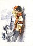  1990s_(style) 1boy against_wall arm_behind_head arm_up black_eyes black_hair black_pants building closed_mouth cropped_legs from_side hand_in_pocket highres jacket kanzaki_hibiki leaning_back macross macross_2 male_focus mikimoto_haruhiko multicolored_hair official_art orange_hair orange_jacket outdoors painting_(medium) pants profile retro_artstyle ruins skyscraper smile solo third-party_source traditional_media two-tone_hair 