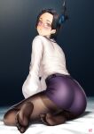  1girl ass asymmetrical_horns black_hair black_horns black_pantyhose blush breasts collared_shirt commentary earrings feet finalcake flower from_behind full_body glasses highres hololive hololive_english horn_flower horns jewelry large_breasts long_sleeves looking_at_viewer looking_back miniskirt mole mole_under_eye nerissa_ravencroft nerissa_ravencroft_(casual) no_shoes official_alternate_costume official_alternate_hairstyle pantyhose parted_lips pencil_skirt puffy_long_sleeves puffy_sleeves purple_eyes purple_skirt shirt shirt_tucked_in short_hair sitting skirt slit_pupils soles solo toes uneven_horns virtual_youtuber white_shirt 