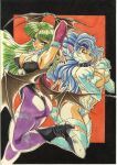  1990s_(style) 2girls animal_collar animal_ears animal_hands animal_print arm_up armpits ass bat_print bat_wings black_boots black_collar black_leotard black_wings blue_eyes blue_hair body_fur boots breasts bridal_gauntlets cat_ears cat_girl cat_paws cat_tail claws cleavage closed_mouth clothing_cutout collar covered_nipples darkstalkers demon_girl felicia_(darkstalkers) green_hair hands_up head_wings heart_cutout high_heel_boots high_heels highleg highleg_leotard large_breasts leg_up legs_up leotard long_hair looking_at_viewer looking_to_the_side marker_(medium) morrigan_aensland multiple_girls nail_polish navel open_mouth organic_bra pantyhose paw_pose pink_bridal_gauntlets print_pantyhose purple_pantyhose red_nails retro_artstyle revealing_clothes sideways_glance smile tail thighs third-party_source traditional_media twisted_torso white_fur wings yellow_eyes yokota_mamoru 