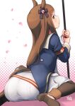  animal_ears artist_name ass blush brown_hair commentary_request deto grass_wonder_(umamusume) hair_ornament highres horse_ears horse_girl horse_tail looking_at_viewer looking_back naginata pantyhose polearm seiza simple_background sitting tail umamusume weapon 