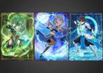  1boy 2girls alternate_costume armor armored_boots armpits asukamama89 bare_shoulders black_gloves black_hair black_thighhighs blue_background blue_bra blue_cloak blue_coat blue_dress blue_eyes blue_hair blue_halo blue_shoes blue_skirt boots bra bracelet breasts brown_hair chaldea_logo cloak coat commentary_request commission crossover crown dress earrings electricity energy_sword fantasy fate/grand_order fate_(series) fighting_stance forest fujimaru_ritsuka_(male) full_body gloves gold_bracelet gold_crown gold_horns green_background green_boots green_dress green_eyes green_shoes grey_skirt hair_between_eyes halo highres holding holding_polearm holding_sword holding_weapon jewelry katana knee_boots knight long_hair looking_at_viewer medium_breasts misery_(tensura) moon multiple_girls nature navel ocean polearm rain_(tensura) rainbow_aura serious shoes short_hair silver_armor skeb_commission skirt smile spear standing standing_on_one_leg sword tensei_shitara_slime_datta_ken thighhighs thighs underwear wading warrior water weapon 