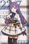  1girl 22/7 black_thighhighs blue_bow blue_bowtie blue_gloves bow bowtie center-flap_bangs copyright_name copyright_notice crescent crescent_hair_ornament detached_sleeves dress fanged_bangs feet_out_of_frame fur-trimmed_sleeves fur_trim gloves hair_ornament hand_on_own_chest ichinose_hotaru long_hair looking_at_viewer mole mole_under_eye official_art open_mouth plaid_clothes plaid_dress plaid_sleeves pleated_dress purple_eyes purple_hair santa_costume santa_dress sleeveless sleeveless_dress solo standing teeth thighhighs upper_teeth_only 