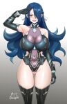  1girl absurdres achromaru armpits ass_visible_through_thighs azuma_fubuki black_gloves black_leotard black_thighhighs blue_hair blush breasts commentary commission covered_navel elbow_gloves english_commentary gloves groin hair_over_one_eye highres hypnosis large_breasts leotard long_hair looking_at_viewer mato_seihei_no_slave mind_control open_mouth salute second-party_source smile solid_circle_eyes solo thighhighs 