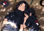  2boys aged_down black_hair black_shirt brothers child closed_eyes commentary_request facial_mark grey_shorts highres hotata_3 male_focus multiple_boys naruto_(series) naruto_shippuuden parted_bangs parted_lips shirt short_hair shorts siblings sleeping spiked_hair twitter_username uchiha_itachi uchiha_sasuke upper_body watermark wooden_floor 