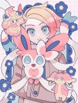  1girl absurdres alcremie audino blonde_hair blue_flower blue_sclera blue_shirt blueberry brown_jacket colored_sclera commentary_request cowlick creature_as_food floral_background flower food food-themed_creature fruit gradient_hair grid_background highres holding holding_pokemon jacket multicolored_hair nyasu700 open_clothes open_jacket pink_fur pokemon pokemon_(creature) pokemon_focus pokemon_legends:_z-a print_shirt shirt solo sylveon two-tone_fur urbain_(pokemon) white_fur yellow_fur 