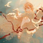  1girl asymmetrical_bangs bird box brown_eyes brown_hair closed_mouth collarbone commentary_request dress full_body gift gift_box highres looking_at_viewer medium_hair misaka_mikoto red_ribbon ribbon solo toaru_kagaku_no_railgun toaru_majutsu_no_index white_bird youlili 