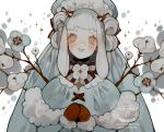  1girl animal_ears bonnet bow bowtie branch cape capelet cotton_(plant) floppy_ears fur-trimmed_capelet fur-trimmed_mittens fur_trim grey_bonnet grey_cape grey_eyes grey_sleeves grey_veil hair_bow highres littlebluemuffin lop_rabbit_ears mittens multiple_hair_bows open_mouth original own_hands_together quad_buns rabbit_ears red_mittens short_eyebrows smile sparkle striped_bow striped_bowtie striped_clothes thick_eyebrows veil watermark white_background white_hair 