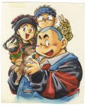  1990s_(style) 1girl 2boys animal animal_print bandaid bandaid_on_face bandaid_on_nose beanie black_eyes black_hair black_hat black_jacket blonde_hair blue_eyes blue_headband blue_overalls blush_stickers braid brown_dog brown_eyes closed_mouth collared_jacket dog fat fat_man furusawa_jun'ya gonta_(mcdonald_tanteidan) grey_hair hand_up hat headband highres holding holding_animal holding_dog jacket kanna_(mcdonald_tanteidan) leopard_print marker_(medium) mcdonald's mcdonald_tanteidan multicolored_jacket multiple_boys multiple_braids official_art one_eye_closed open_mouth orange_sweater overalls pinching_sleeves red_jacket retro_artstyle short_hair shou_(mcdonald_tanteidan) side_braids simple_background smile sweater third-party_source traditional_media two-tone_sweater v very_short_hair white_background 