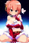  1girl belt between_legs bikini blush breasts cleavage closed_mouth collarbone commentary_request deformed earrings elbow_gloves feet_out_of_frame fur-trimmed_bikini fur-trimmed_gloves fur-trimmed_skirt fur_collar fur_trim gloves hair_bun hair_ornament hand_between_own_legs heart highres jewelry komado_riru large_breasts looking_at_viewer merry_christmas navel orange_eyes orange_hair red_bikini red_gloves red_skirt sack santa_bikini santa_costume short_hair single_hair_bun single_side_bun sitting skirt sky skyline smile solo star_(sky) star_(symbol) star_earrings starry_sky strapless strapless_bikini swimsuit translated v wariza yahari_ore_no_seishun_lovecome_wa_machigatteiru. yuigahama_yui 