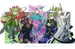 1boy ascot black_cape black_coat cape character_name closed_mouth coat commentary_request da_capo_(e.g.o) dress e.g.o_(project_moon) faint_aroma_(e.g.o) flower fragments_from_somewhere_(e.g.o) gloves green_gloves green_hair green_pantyhose hair_bun hat highres holding holding_scythe holding_weapon hood hooded_cape jacket ko_bammm library_of_ruina long_hair long_sleeves looking_at_viewer multiple_views musical_note netzach_(project_moon) our_galaxy_(e.g.o) pants pantyhose pink_dress plant pleasure_(e.g.o) project_moon scythe shirt smile striped_clothes striped_pants sun_hat vertical-striped_clothes very_long_hair weapon white_coat yellow_eyes 
