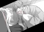 1boy black_border blood blood_from_mouth blood_on_face blood_on_hand blood_on_weapon border ceiling commentary_request cowboy_shot greyscale hair_between_eyes hakama hand_on_own_face haori highres holding holding_sword holding_weapon japanese_clothes katana kimono letterboxed long_sleeves looking_down male_focus monochrome on_one_knee ootori_eiji oshi_104 parted_lips planted planted_sword shinsengumi short_hair spot_color sweat sword tile_ceiling tiles uta_no_prince-sama weapon wide_sleeves 