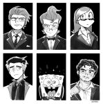  1girl 5boys aged_up commentary danny_fenton danny_phantom el_tigre highres humanoid_robot izzy_(izbubbles) jenny_wakeman jimmy_neutron jimmy_neutron_(series) joints manny_rivera monochrome multiple_boys my_life_as_a_teenage_robot nickelodeon robot robot_joints short_hair spongebob_squarepants spongebob_squarepants_(series) the_fairly_oddparents timmy_turner untranslatable_commentary 
