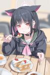  1girl :t absurdres animal_ears black_choker black_hair black_hoodie blue_archive blush cake cat_choker cat_ears cat_girl chinese_commentary choker colored_inner_animal_ears colored_inner_hair commentary_request eating extra_ears fanshuimucishen food green_sailor_collar hair_ornament hairclip halo highres holding holding_spoon hood hoodie kazusa_(blue_archive) looking_at_viewer multicolored_hair neckerchief partial_commentary pink_hair pink_halo pink_neckerchief puffy_cheeks red_eyes sailor_collar short_hair solo spoon strawberry_cake two-tone_hair 