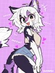  +++ 1girl :d ahoge animal_ear_piercing animal_ears black_fur black_tail body_fur breasts cat_ears collar commentary cowboy_shot cutoffs denim denim_shorts english_text eyes_visible_through_hair fang from_side furry glasses green_eyes grid_background hair_between_eyes halterneck happy head_tilt heart heterochromia highres jayrnski jewelry leaning light_blush looking_at_viewer medium_breasts medium_hair meowing midriff multicolored_fur multicolored_tail necklace notice_lines orange_eyes original purple_background purple_fur purple_tail shirt shorts smile solo standing tail two-tone_fur v_arms white_background white_fur white_shirt white_tail yellow-framed_eyewear 