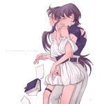  2girls black_shirt book commentary dress earrings glasses grey_pants hand_on_another's_shoulder highres hoop_earrings hug hug_from_behind jewelry leg_between_thighs long_hair maybe_kizuna multiple_girls off-shoulder_dress off_shoulder original pants parted_lips purple_hair ring shirt short_hair simple_background smile white_background white_dress yuri 