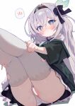  1girl absurdres ass black_dress black_hairband blank_censor blue_eyes blush bright_pupils censored closed_mouth clothing_aside commentary_request dress embarrassed feet_out_of_frame firefly_(honkai:_star_rail) firefly_(jepella_rebellion)_(honkai:_star_rail) from_below gradient_eyes green_ribbon grey_hair hair_ornament hairband hands_on_own_thighs hi_mi_zu highres honkai:_star_rail honkai_(series) leaf_hair_ornament long_hair looking_at_viewer multicolored_eyes official_alternate_costume panties panties_aside partial_commentary purple_eyes pussy ribbon shirt solo spoken_blush sweat thighhighs underwear white_panties white_shirt white_thighhighs 