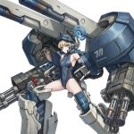  1girl absurdres blonde_hair blue_archive blue_halo blue_leotard breasts bun_cover collarbone commentary_request covered_nipples elbow_gloves exoskeleton externally_piloted_mecha fingerless_gloves gatling_gun gloves guchurimu_genrishugi hair_bun halo halter_leotard halterneck head-mounted_display highleg highleg_leotard highres legs_apart leotard long_hair mecha mecha_pilot_suit millennium_science_school_logo multicolored_leotard robot sleeveless sleeveless_turtleneck solo toki_(abi-eshuh)_(blue_archive) toki_(blue_archive) turtleneck turtleneck_leotard two-tone_leotard white_background 