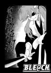  1girl ahoge black_border bleach bleach:_sennen_kessen-hen border buzzard_black character_name commentary_request copyright_name cosplay eyebrows_hidden_by_hair eyepatch feet_out_of_frame gakuen_idolmaster greyscale hair_between_eyes hakama haori highres holding holding_sword holding_weapon idolmaster japanese_clothes katana kaya_rinha kimono kubo_tite_(style) long_hair long_sleeves looking_at_viewer low_twintails monochrome official_style one_eye_covered open_mouth saitou_furoufushi saitou_furoufushi_(cosplay) smile solo squatting sword twintails weapon wide_sleeves 
