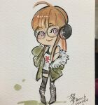  1girl ahoge artist_name black_boots black_shorts black_thighhighs blood blood_splatter blunt_bangs boots chibi chibi_only commentary english_commentary full_body fur-trimmed_jacket fur_trim glasses green_background green_jacket headphones jacket knee_boots lace-up_boots long_hair mixed-language_text off-shoulder_shirt off_shoulder orange_hair peach_momoko persona persona_5 photo_(medium) purple_eyes red_lips round_eyewear sakura_futaba shirt short_shorts shorts signature smile solo t-shirt thighhighs thighhighs_under_boots traditional_media two-tone_background white_background 