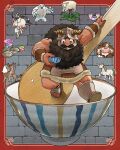 1boy armor beard black_eyes black_hair border bowl brick_wall dungeon_meshi dwarf facial_hair fake_horns helmet holding holding_bowl horned_helmet horns kui_ryouko mustache official_art open-toe_boots outside_border red_border senshi_(dungeon_meshi) solo_focus spoon wooden_spoon 