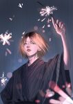  1boy adam's_apple arm_up blonde_hair closed_mouth fireworks gongkouwuwu haikyuu!! highres holding holding_fireworks japanese_clothes kozume_kenma lips male_focus multicolored_hair nose parted_lips roots_(hair) short_hair slit_pupils solo upper_body yellow_eyes 