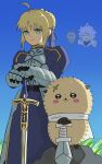  1girl 1other :3 ahoge animal_ears animal_nose armor artoria_pendragon_(fate) blonde_hair blue_dress blue_sky blush_stickers breastplate cape character_request chibi chiikawa commentary crossover day dress fate_(series) fluffy gauntlets grass green_eyes hair_ribbon highres ka_ni looking_at_viewer otter_ears outdoors planted planted_sword projected_inset rakko_(chiikawa) ribbon rock saber_(fate) scar scar_on_face short_hair sidelocks sky sword v weapon white_cape 