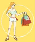  1girl bag bangle bare_legs bare_shoulders belt belt_ribbon blue_shirt bracelet breasts brown_eyes brown_sandals cleavage collarbone commentary_request crop_top cropped_shirt full_body gold_bangle hand_on_own_hip highres holding holding_bag jewelry legs linea_alba long_hair looking_at_viewer low_twintails medium_breasts midriff nami_(one_piece) navel off-shoulder_shirt off_shoulder official_alternate_costume official_alternate_hairstyle one_piece one_piece_heroines orange_hair red_belt sandals sawaii shirt shopping_bag short_sleeves shorts sidelocks solo standing striped_clothes striped_shirt twintails vertical-striped_clothes vertical-striped_shirt white_shorts yellow_background 