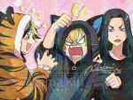  3boys animal_costume animal_hood animal_print baji_keisuke black_hair blonde_hair cat_costume cat_hood commentary_request fang hair_between_eyes hanemiya_kazutora heavy_adversarial_noise hood hood_up kigurumi long_hair long_sleeves male_focus matsuno_chifuyu miyama_kiri mole mole_under_eye multicolored_hair multiple_boys open_mouth red_eyes short_hair smile tiger_costume tiger_hood tiger_print tokyo_revengers tokyo_revengers_pazuribe! two-tone_hair upper_body yellow_eyes 