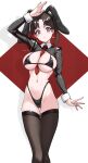  1girl animal_ears arm_up ass_visible_through_thighs between_breasts bikini black_bikini black_hair black_shrug black_thighhighs breasts clothes_between_breasts colored_inner_hair commentary_request curtained_hair earrings facial_mark fake_animal_ears feet_out_of_frame fingernails fishnet_thighhighs fishnets fmg heart heart_earrings heart_facial_mark highleg highleg_bikini highres jewelry large_breasts long_fingernails long_sleeves looking_at_viewer micro_bikini mole mole_on_breast mole_under_eye multicolored_hair nail_polish navel necktie necktie_between_breasts nontraditional_playboy_bunny original pink_hair playboy_bunny puckered_lips rabbit_ears red_background red_hair red_nails red_necktie shadow short_hair shrug_(clothing) skindentation sleeve_cuffs solo standing string_bikini swimsuit thighhighs twitter_username two-tone_background two-tone_hair white_background 
