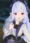 1girl 1other absurdres ahoge ascot blush bow bowtie breasts commentary_request drill_hair gai_(sanmaumaumau) hairband hand_on_another's_chin highres large_breasts long_hair long_sleeves looking_at_viewer mole mole_under_eye multicolored_hair open_mouth pointy_ears purple_ascot purple_bow purple_bowtie purple_hair purple_hairband red_eyes sideboob_cutout streaked_hair sweat upper_body vivian_banshee wise_(zenless_zone_zero) zenless_zone_zero 