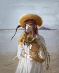  1girl absurdres bag beach bracelet bridge cloud commentary donut dress fern_(sousou_no_frieren) flower food food_in_mouth grey_sky hat highres holding holding_bag jewelry jsebaxx mountain ocean purple_hair purple_pupils shoulder_bag sky sousou_no_frieren straw_hat sunflower white_dress 