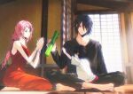  1boy 2girls bare_shoulders barefoot black_eyes black_hair black_pants black_shirt boruto_(series) breasts child closed_mouth couple dress facial_mark family father_and_child father_and_daughter forehead_mark green_eyes hair_between_eyes haruno_sakura hetero highres holding holding_scroll husband_and_wife indian_style indoors kneeling light_smile long_dress long_hair low-tied_long_hair medium_breasts mother_and_child mother_and_daughter multiple_girls naruto_(series) niku_(ni23ku) outstretched_hand pants parent_and_child parted_lips pink_hair red_dress red_shorts scroll shirt short_hair shorts silver_bangle sitting sitting_on_lap sitting_on_person sleeveless sleeveless_dress swept_bangs twitter_username uchiha_sarada uchiha_sasuke weibo_username white_shirt 