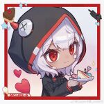  1girl animal black_cat black_jacket border cake cake_slice cassia_(artist) cat character_name chibi chibi_only chinese_commentary commentary_request cytus cytus_ii dark-skinned_female dark_skin dessert food highres holding holding_plate hood hood_up hooded_jacket horned_hood horns ice_cream ivy_(cytus) jacket medium_hair plate red_border red_eyes red_horns red_trim solo upper_body watermark weibo_watermark white_hair 