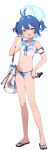  1girl antenna_hair bag bikini blue_archive blue_bikini blue_hair blue_halo blue_sailor_collar colored_inner_hair controller cropped_shirt fang flat_chest flip-flops full_body game_asset hair_bobbles hair_intakes hair_ornament halo highres holding holding_bag holding_controller lowleg lowleg_bikini makina_(blue_archive) micro_bikini multicolored_hair navel official_art open_mouth ribbon sailor_collar sandals see-through_clothes see-through_shirt shirt short_hair side-tie_bikini_bottom skin_fang smile solo swimsuit tachi-e tanline_peek third-party_source two_side_up yellow_eyes 