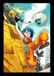  1girl absurdres aqua_eyes aqua_hair asymmetrical_gloves belt brown_shoes chainsword commentary english_commentary fingerless_gloves gloves hernyed highres jumpsuit motorslice multiple_moles orange_jumpsuit orbie p_(motorslice) pants shoes short_hair uneven_gloves weapon 