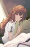  1girl bangs blurry brown_hair closed_mouth curly_hair depth_of_field hair_between_eyes head_tilt highres holding holding_stuffed_toy indoors kiryuu_moeka long_hair looking_at_viewer lying on_stomach oppaniichan purple_eyes shirt short_sleeves sidelocks smile solo steins;gate stuffed_animal stuffed_frog stuffed_toy white_shirt 