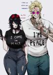  1boy 1girl absurdres between_breasts black_hair black_shirt blonde_hair blue_eyes breasts clothes_writing commentary coordinated_clothes_writing demoncursed_vayne denim english_commentary glasses hair_over_one_eye highres holding i'm_stuff_(meme) jeans kurenaiz_(kuayrenaiz) large_breasts league_of_legends locke_(league) meme pants purple-tinted_eyewear red-tinted_eyewear red_eyes shirt shirt_tucked_in short_hair smile solo spiked_hair sunglasses tinted_eyewear torn_clothes torn_jeans torn_pants vayne_(league) white_background white_shirt 