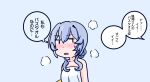  1girl bare_arms blue_background blue_hair blush commentary_request gotland_(kancolle) highres kantai_collection long_hair naked_towel puff_of_air shouhou-san_daisuki_teitoku sideways_glance simple_background small_sweatdrop solo sweat towel translation_request upper_body |_| 