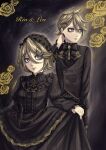  1boy 1girl absurdres accurate_lolita_coord arm_up black_bow black_bowtie black_corset black_dress black_eyeliner black_headdress black_shirt black_vest blonde_hair blue_eyes bow bowtie commentary_request corset dress dress_bow eyeliner flower frilled_dress frilled_shirt_collar frills gothic_lolita hair_between_eyes hair_ornament hairclip highres holding_own_skirt kagamine_len kagamine_rin lolita_fashion long_dress long_sleeves makeup ponytail reoneko05 rose shirt short_hair short_ponytail vest vocaloid x_hair_ornament 